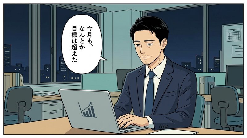 夜のオフィスで一人、数字を追い続けることに迷うダイスケ（コマ1）