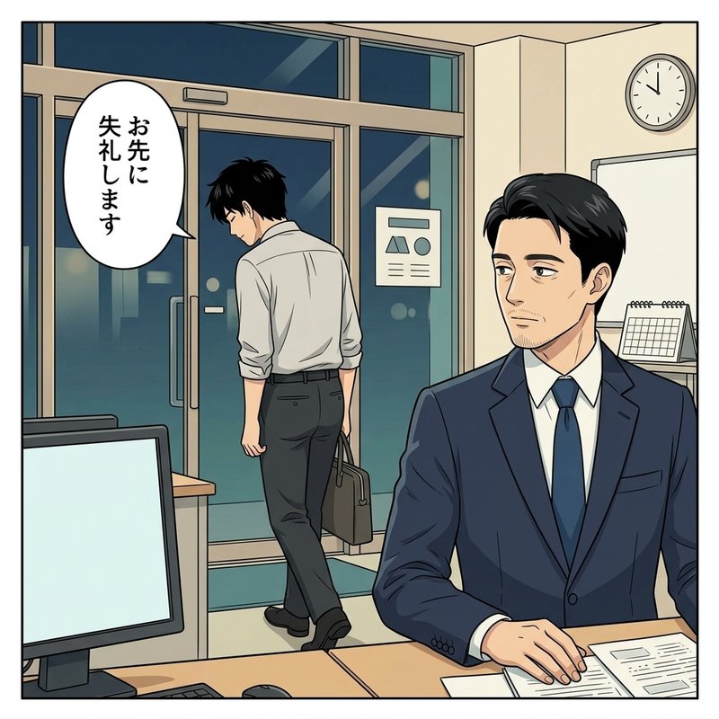 夜のオフィスで一人、数字を追い続けることに迷うダイスケ（コマ2）