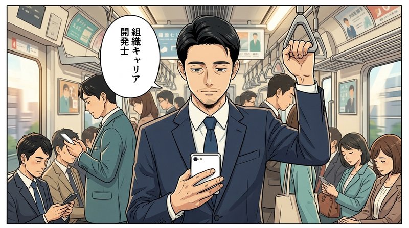 通勤電車で組織キャリア開発士を知るダイスケ（コマ1）