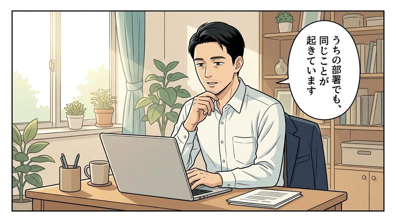 反転学習で自分の職場の話を持ち寄るダイスケ（コマ2）