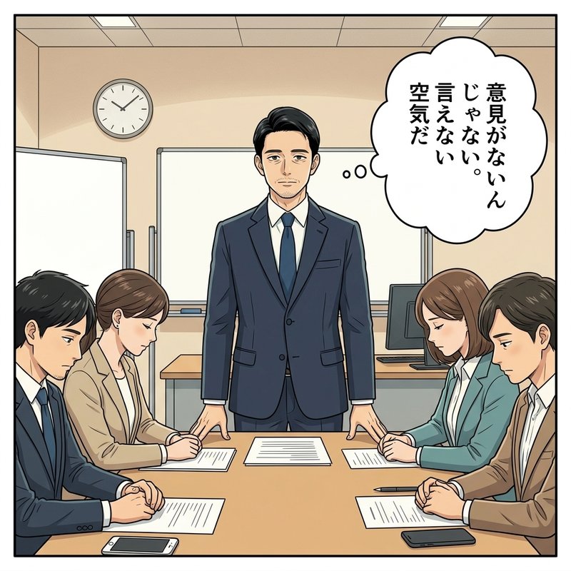 会議の沈黙の理由を見立てて口を開くダイスケ（コマ2）